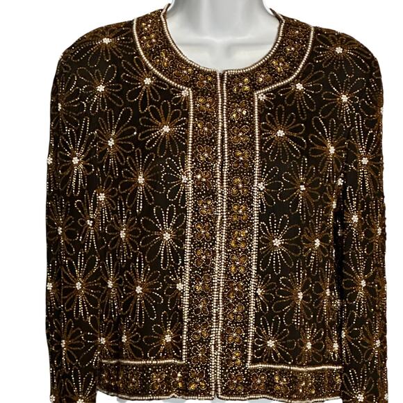 Vintage 90s Papell Boutique Beaded Silk Evening Jacket 4P Black Gold Formal Glam - Picture 4 of 10